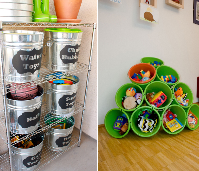 BRINQUEDOS ORGANIZADOS EM BALDES DECORATIVOS E IDENTIFICADOS COM ETIQUETAS